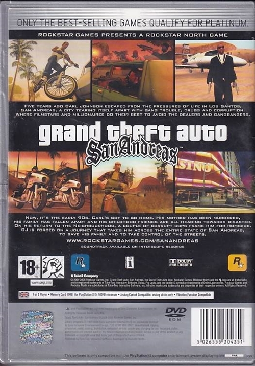 Grand Theft Auto San Andreas - Platinum - PS2 - Manual Mangler (B Grade) (Genbrug)